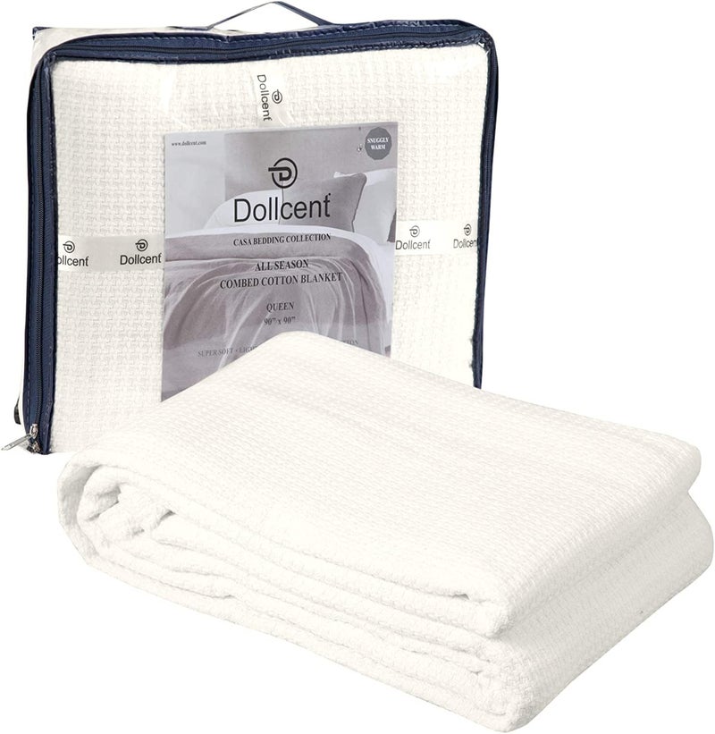 DOLLCENT 100% Cotton Queen Size Blanket for Bed, Premium Soft Combed Lightweight Blankets, Washed Breathable Cozy Bed Throw Blanket, Ivory Queen Cotton Blankets for All Season: Ivory (90"x90") - Image 1