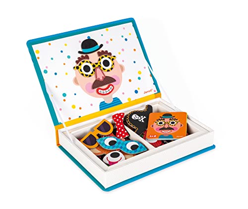Janod Magnetibook 83 Pc Magnetic Boy Crazy Face Dress Up Game for Imagination Play  Book Shaped TravelStorage Case Included  STEM Toy for Ages 3