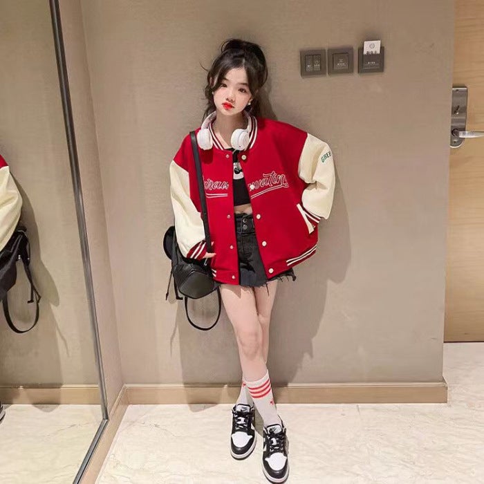 Girls' Coat Autumn Clothing 2023 New Style Children'S Western Style Jacket Women'S Big Children'S Autumn Color Matching Baseball Uniform - Image 1