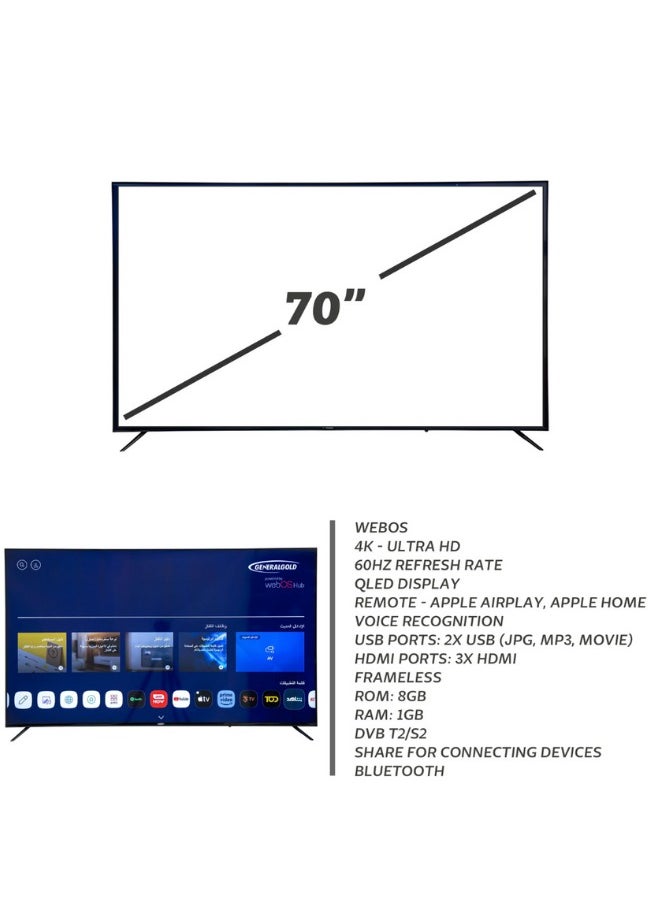 General Gold Smart TV 70" QLED 4K UHD, 2024 NEW Model, WebOS Television, WiFi Bluetooth, Voice Recognition, Frameless Design, Netflix, YouTube, Prime Video