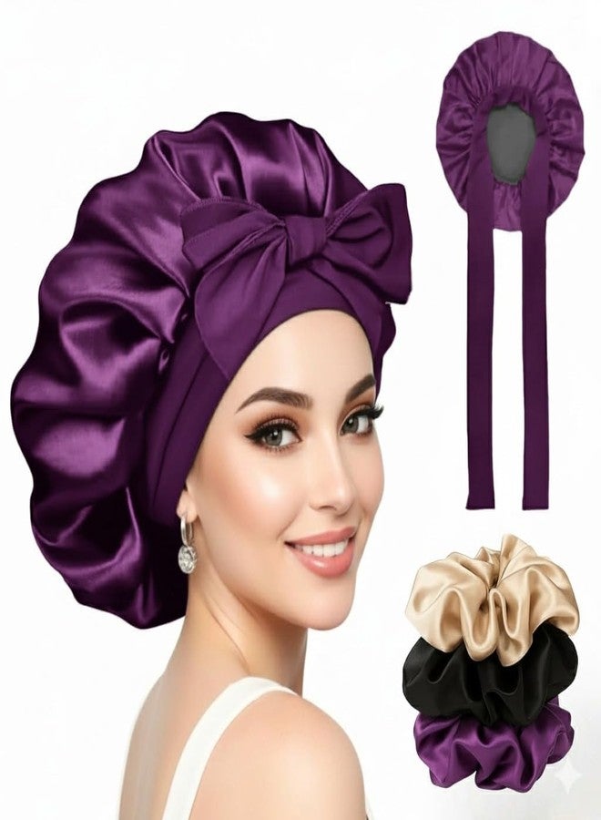 Atrube Satin Bonnet with Scrunchies | Shower cap| Adjustable Sleeping Cap for Women | Hair Protection Night Cap for Curly, Wavy & Straight Hair (Purple) - Image 2