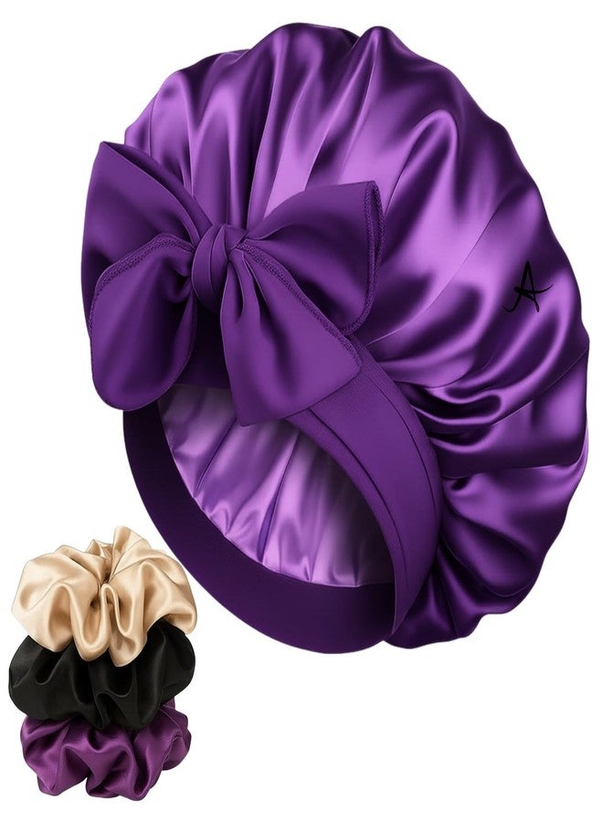 Atrube Satin Bonnet with Scrunchies | Shower cap| Adjustable Sleeping Cap for Women | Hair Protection Night Cap for Curly, Wavy & Straight Hair (Purple) - Image 1