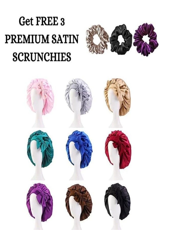 Atrube Satin Bonnet with Scrunchies | Shower cap| Adjustable Sleeping Cap for Women | Hair Protection Night Cap for Curly, Wavy & Straight Hair (Purple) - Image 5