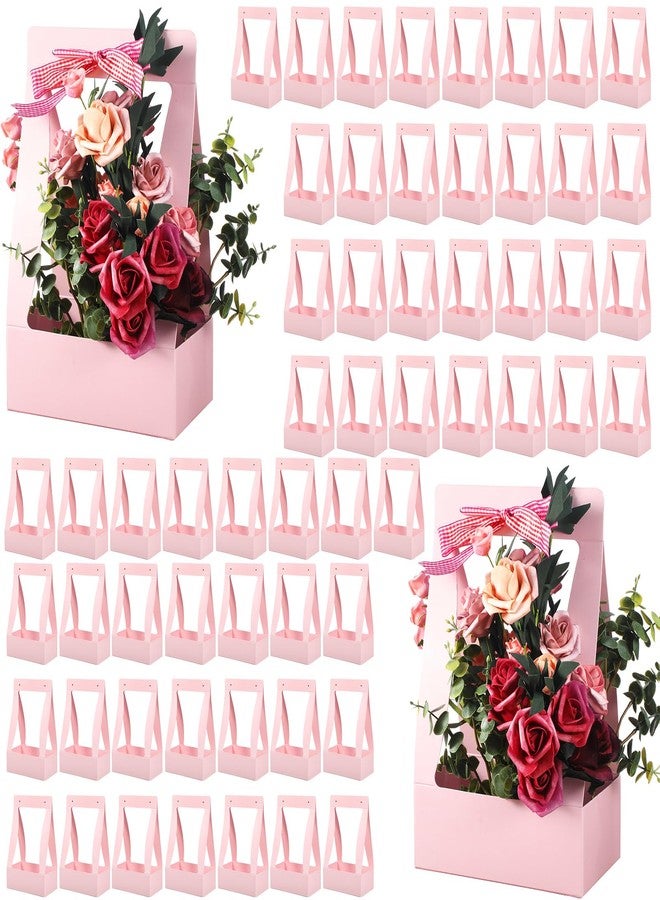 Teling 60 Pcs Valentine's Day Flower Boxes for Arrangements Pink Flower Bags for Bouquets Paper Floral Gift Bag Portable Waterproof Floral Box with Handle for Wedding Party Florist Supplies (Pink) - Image 1