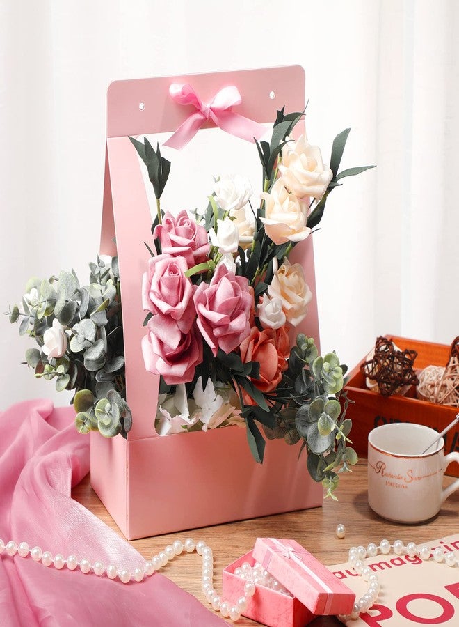 Teling 60 Pcs Valentine's Day Flower Boxes for Arrangements Pink Flower Bags for Bouquets Paper Floral Gift Bag Portable Waterproof Floral Box with Handle for Wedding Party Florist Supplies (Pink) - Image 3