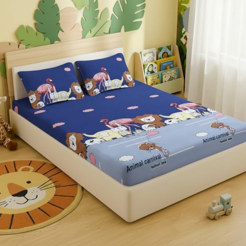 Filymore Kids Bed Sheet for Double Bed Made with Microfiber 240 TC Bedsheet Wrinkle Free Soft | Animal Carnival for Kids Double Size (90x90 Inches/Boys Girls Room)(Blue) - Image 1