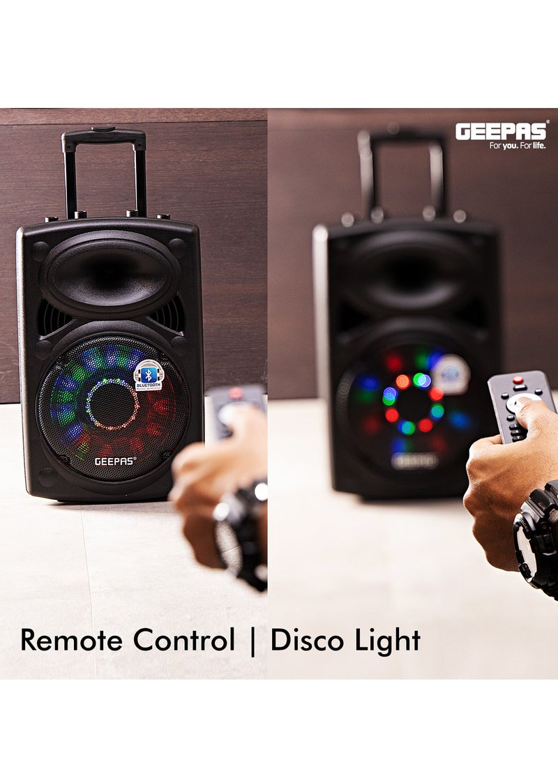GEEPAS مكبر صوت بلوتوث قابل لإعادة الشحن، ضوء ديسكو LED مع مفتاح تشغيل/إيقاف، بلوتوث، USB/SD/FM/MP3، شاشة LED، ميكروفون لاسلكي، 40000 وات PMPO، TWS، راديو FM ستيريو، جهاز تحكم عن بعد  - Image 5