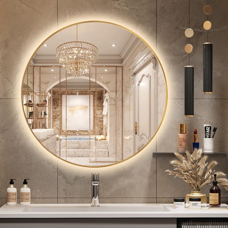 Niccy 32 LED Backlit Round Mirror for Bathroom Gold Framed Vanity Light Wall Mirror LED Smart Circle Mirrors with 3 Lighting Colors Dimmable Lighted Mirror with AntiFog IP65 Waterproof