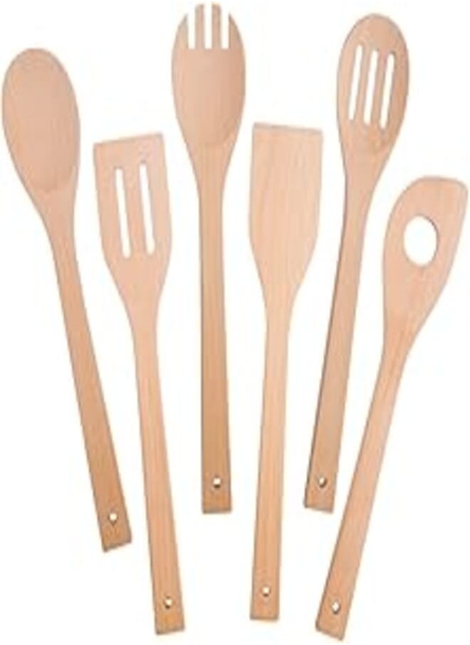 HansGo - HANSGO Wooden Kitchen Cooking Utensils Set, 6 Pcs Wooden Spoons & Spatula Kitchen Cooking Tools for Nonstick Cookware and Work - Image 1