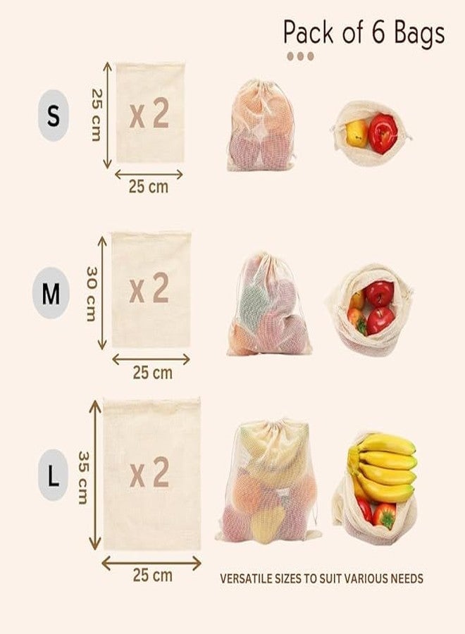 LAYZOO 100% Cotton Set of 6 Fridge Drawstring Bags | Eco-Friendly Natural Vegetables Storage Mesh Net for Fridge | Multi-Purpose Cotton Mesh Bag - Image 2