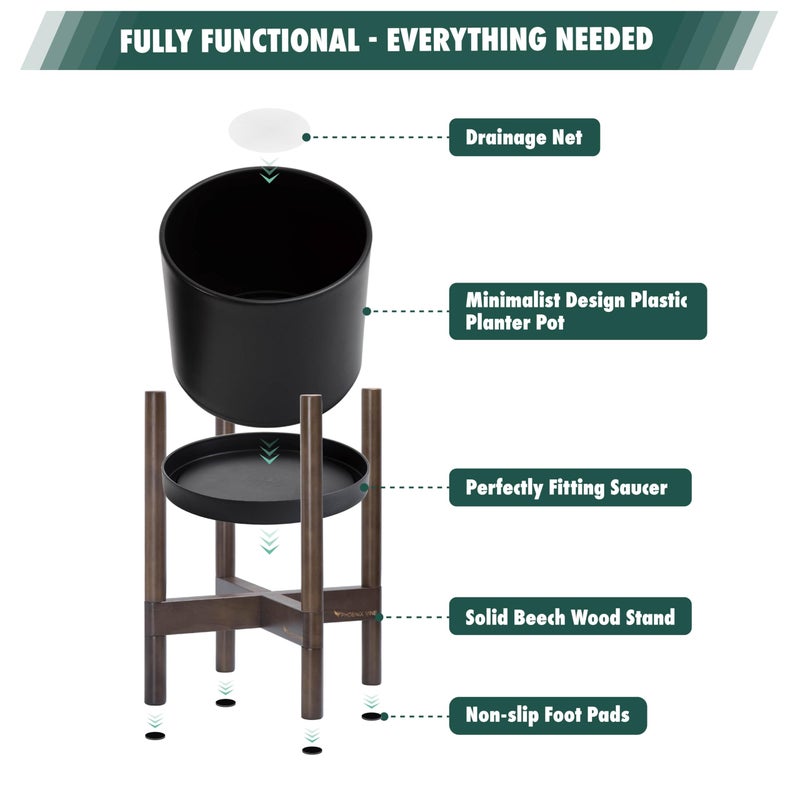 D'vine Dev Planter Pot with Stand - 8 Inch Plastic Cylinder Flower Pot with Wood Planter Holder for Indoor, Matte Black Pot + Walnut Color Stand, 55-C-I-2 - Image 5