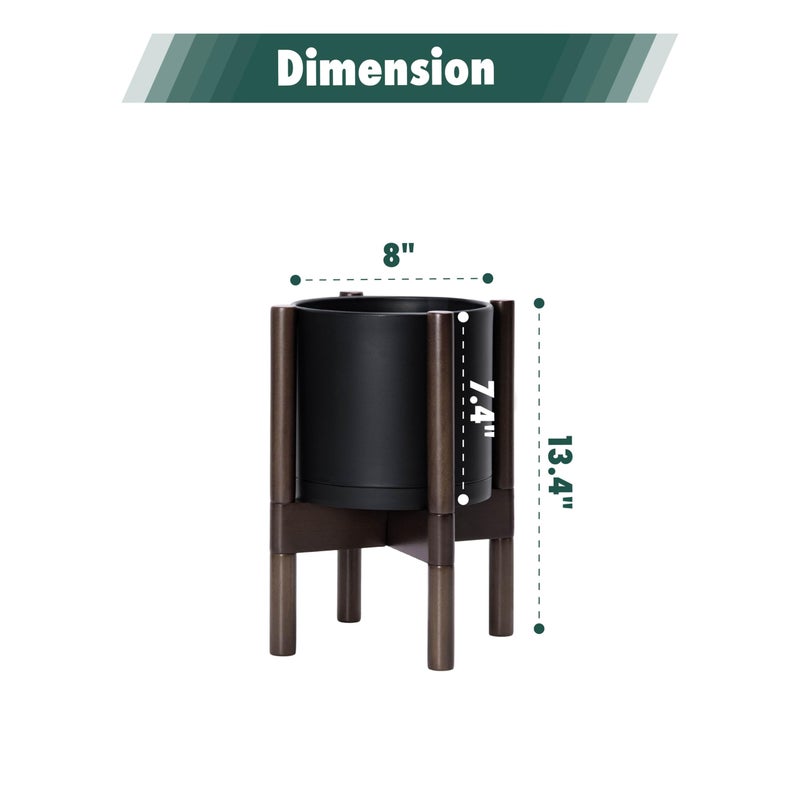 D'vine Dev Planter Pot with Stand - 8 Inch Plastic Cylinder Flower Pot with Wood Planter Holder for Indoor, Matte Black Pot + Walnut Color Stand, 55-C-I-2 - Image 3
