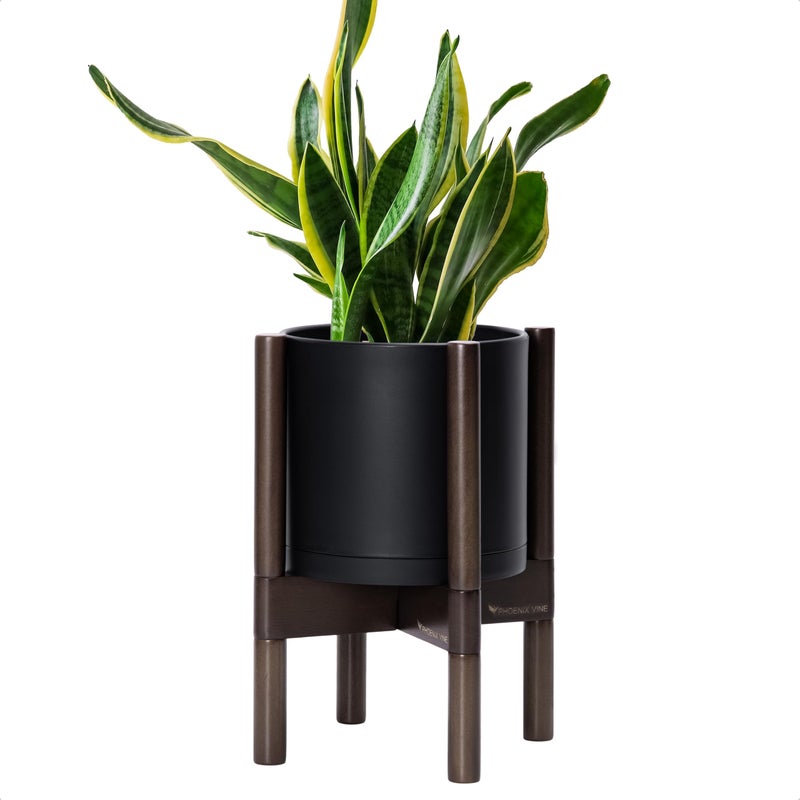D'vine Dev Planter Pot with Stand - 8 Inch Plastic Cylinder Flower Pot with Wood Planter Holder for Indoor, Matte Black Pot + Walnut Color Stand, 55-C-I-2 - Image 1