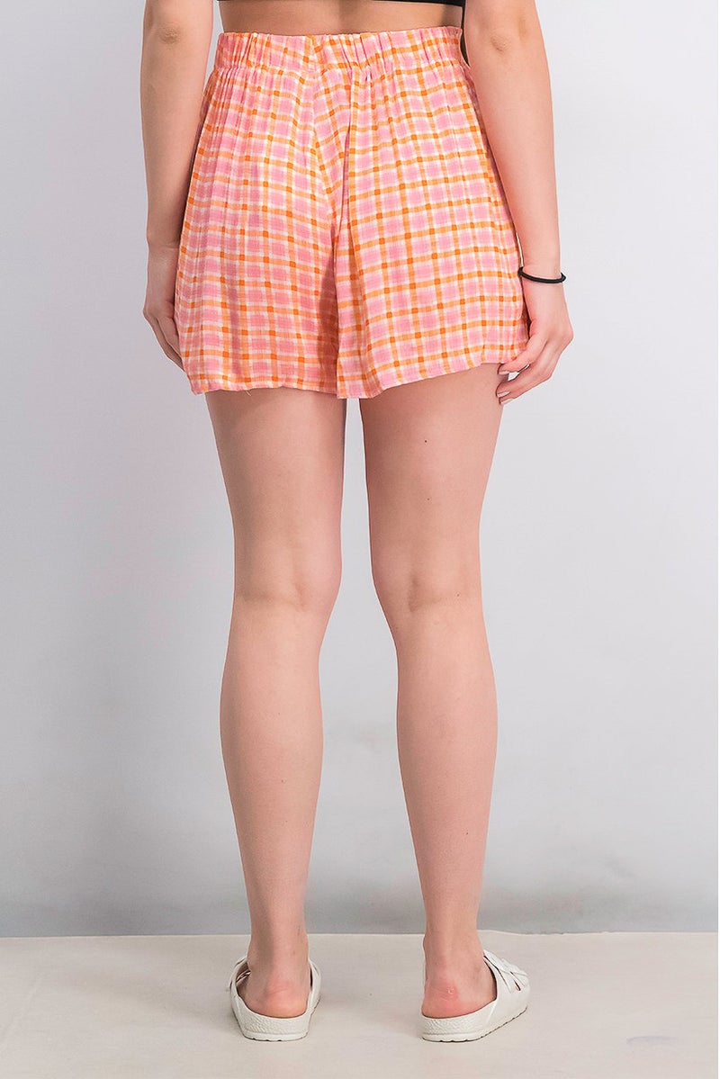 women'secret شورتات بامبولا مربعة بنمط قماش جينغham بخصر مرن للنساء، مجموعة برتقالية - Image 4
