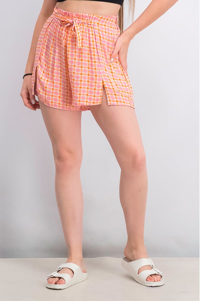 women'secret شورتات بامبولا مربعة بنمط قماش جينغham بخصر مرن للنساء، مجموعة برتقالية - Image 1