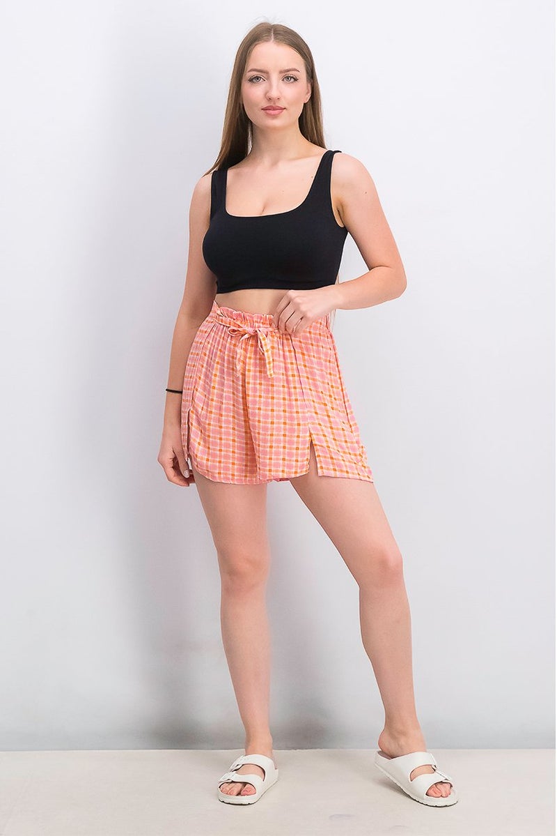 women'secret شورتات بامبولا مربعة بنمط قماش جينغham بخصر مرن للنساء، مجموعة برتقالية - Image 2