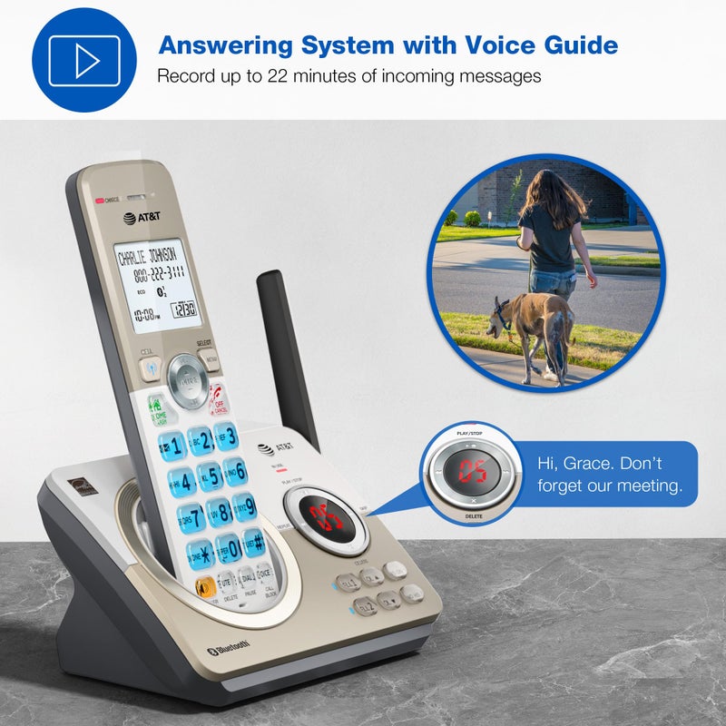 AT&T هاتف منزلي لاسلكي قابل للتوسيع من AT&T مع 4 سماعات DECT 6.0 وشاشة كبيرة، أزرار كبيرة، آلة رد على المكالمات، مانع مكالمات ذكي، اتصال بلوتوث بالهاتف المحمول، مدى طويل، معرف المتصل، مكبر صوت: DL72419 - Image 4