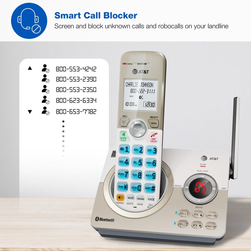AT&T هاتف منزلي لاسلكي قابل للتوسيع من AT&T مع 4 سماعات DECT 6.0 وشاشة كبيرة، أزرار كبيرة، آلة رد على المكالمات، مانع مكالمات ذكي، اتصال بلوتوث بالهاتف المحمول، مدى طويل، معرف المتصل، مكبر صوت: DL72419 - Image 2