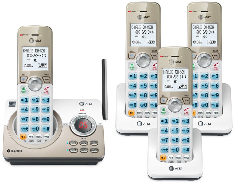 AT&T هاتف منزلي لاسلكي قابل للتوسيع من AT&T مع 4 سماعات DECT 6.0 وشاشة كبيرة، أزرار كبيرة، آلة رد على المكالمات، مانع مكالمات ذكي، اتصال بلوتوث بالهاتف المحمول، مدى طويل، معرف المتصل، مكبر صوت: DL72419 - Image 1