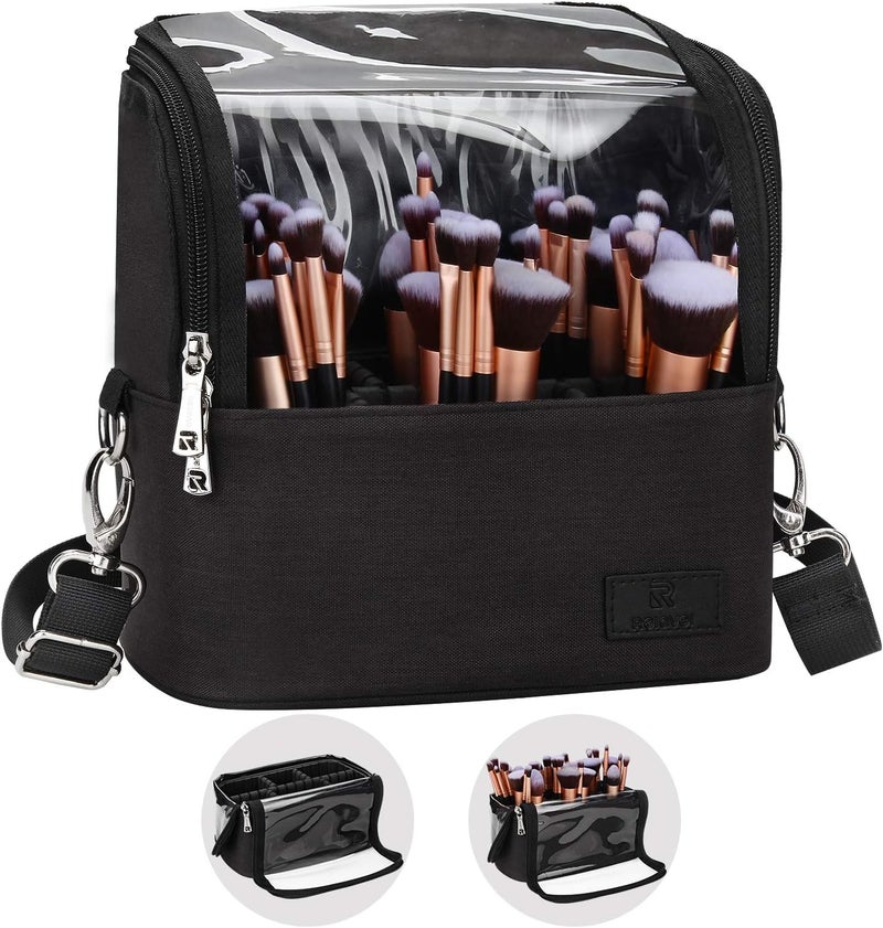 Makeup Brush Case Stand-up Makeup Cup Makeup Brush Holder Travel Professional Cosmetic Bag Artist Storage Bag Large Makeup Brush Bag with Adjustable Divider (Large, Black)