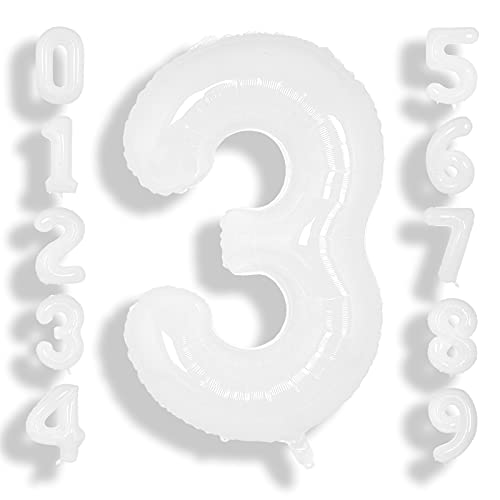 SUWEN 40 Inch White Large 3 Balloon Number Big Foil Helium Number Balloons 09 Giant Jumbo Happy 3rd Birthday Party Decorations for Boy or Girl Huge Mylar Anniversary Party Supplies - Image 1