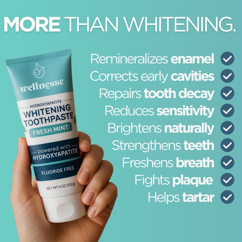 Wellnesse Hydroxyapatite Toothpaste, Fluoride Free, Whitening Toothpaste, Remineralizing Enamel Care, Xylitol Formula for Sensitive Teeth and Daily Oral Care, Fresh Mint, 4 Oz - Image 3
