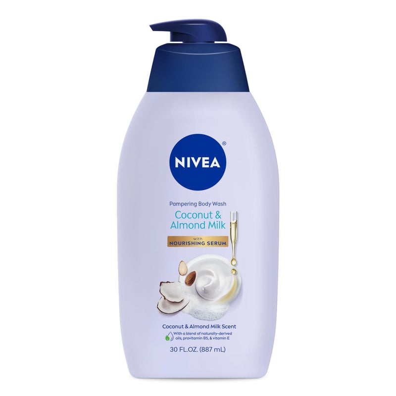 NIVEA Pampering Coconut and Almond Milk Body Wash with Nourishing Serum, Moisturizing Body Wash for Women, Enriched with Provitamin B5 and Vitamin E, 30 Fl Oz Bottle - Image 1