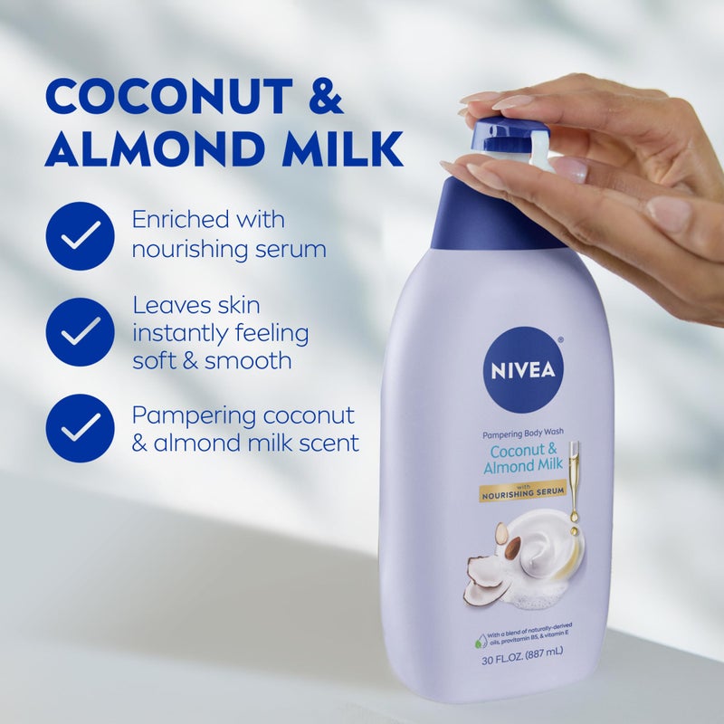 NIVEA Pampering Coconut and Almond Milk Body Wash with Nourishing Serum, Moisturizing Body Wash for Women, Enriched with Provitamin B5 and Vitamin E, 30 Fl Oz Bottle - Image 3