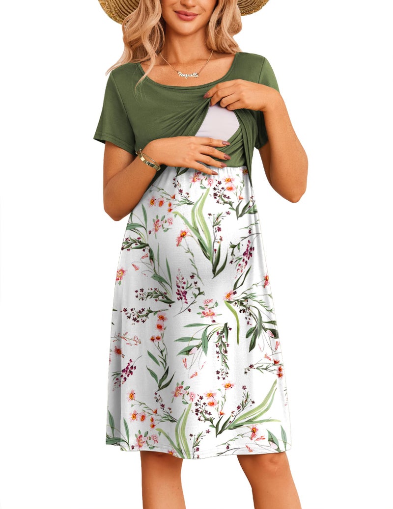 Ekouaer Maternity Nursing Dress for Women Short Sleeve Patchwork Breastfeeding Dress Summer Pregnancy Knee Length Dress - Image 1