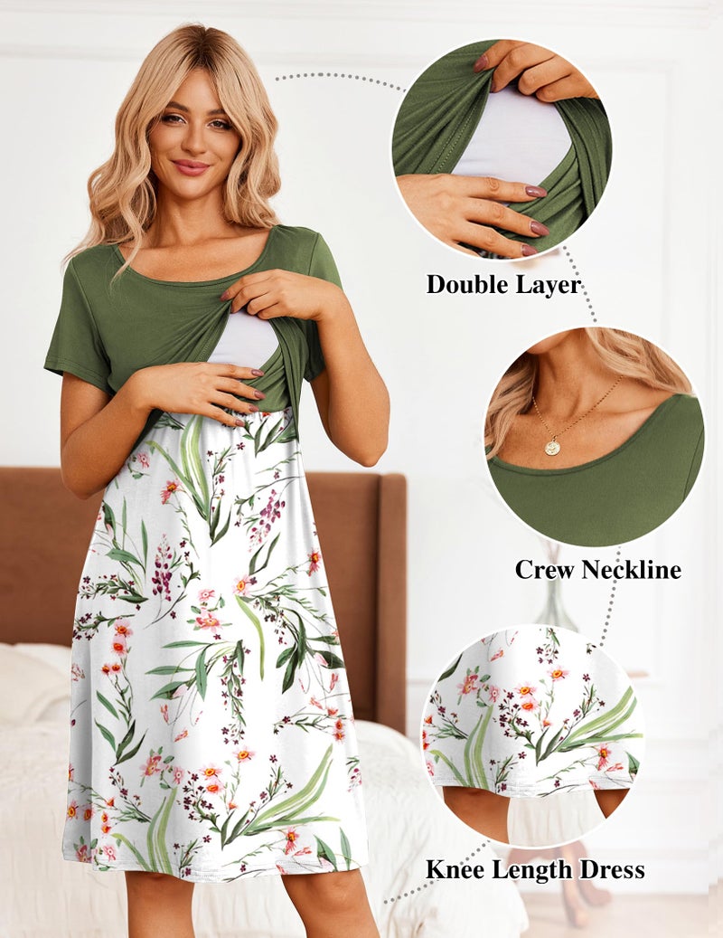 Ekouaer Maternity Nursing Dress for Women Short Sleeve Patchwork Breastfeeding Dress Summer Pregnancy Knee Length Dress - Image 4