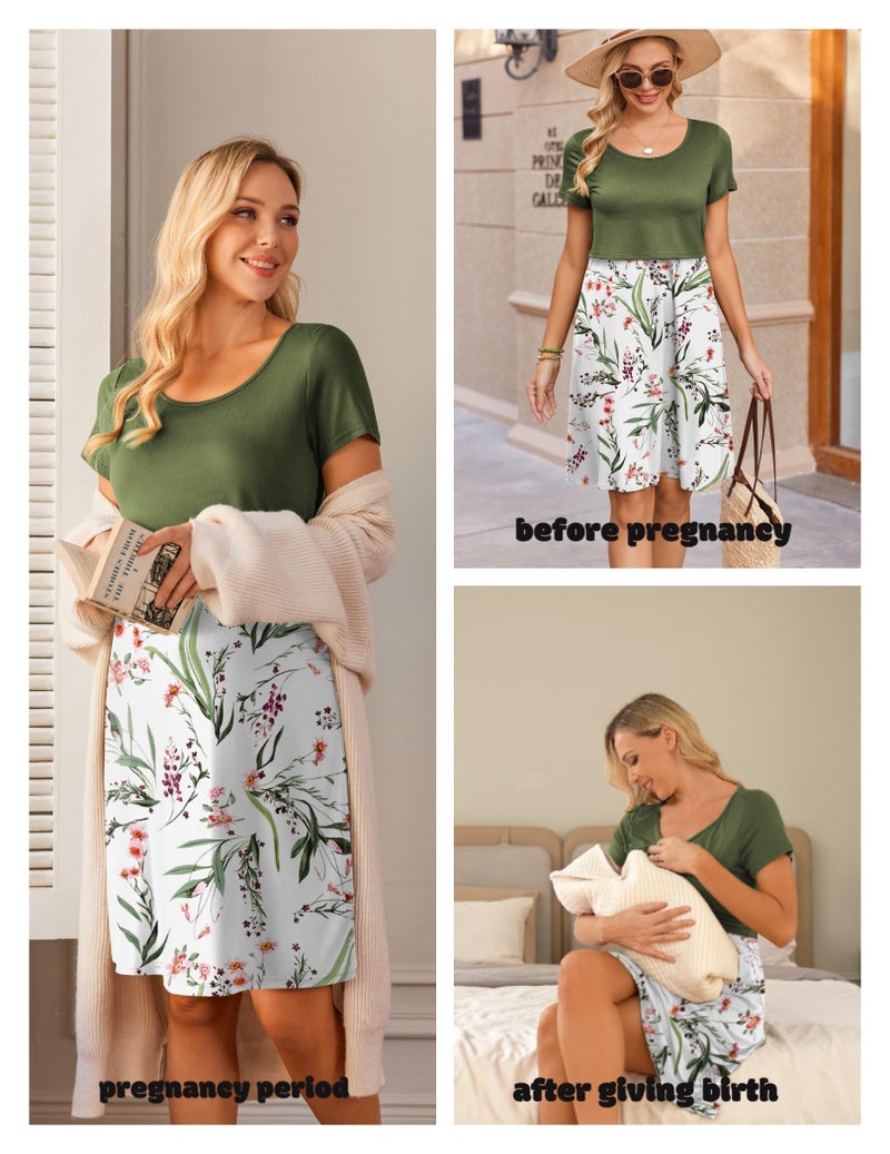 Ekouaer Maternity Nursing Dress for Women Short Sleeve Patchwork Breastfeeding Dress Summer Pregnancy Knee Length Dress - Image 2