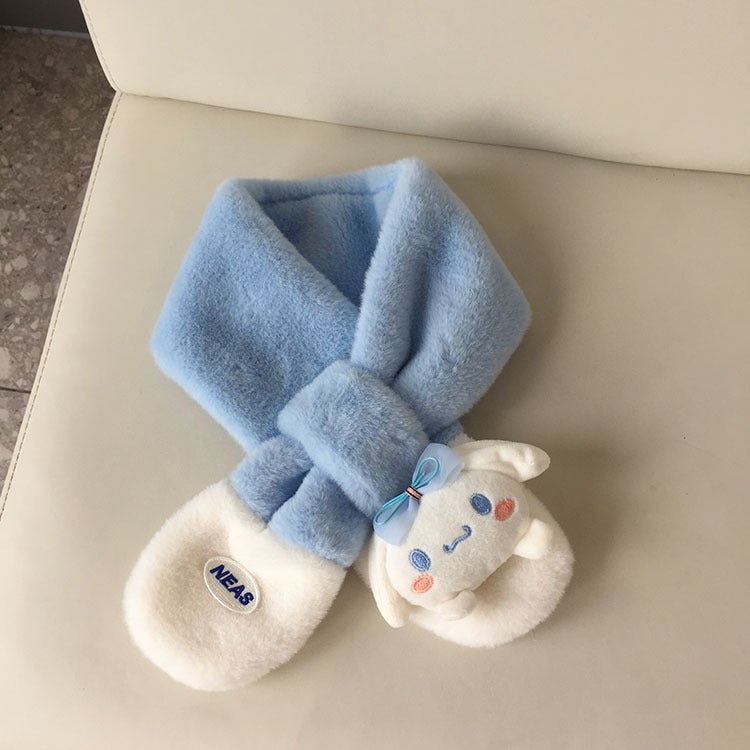 Korean Cartoon Embroidery Kids Scarf with Plush Gloves Blue-scarf 