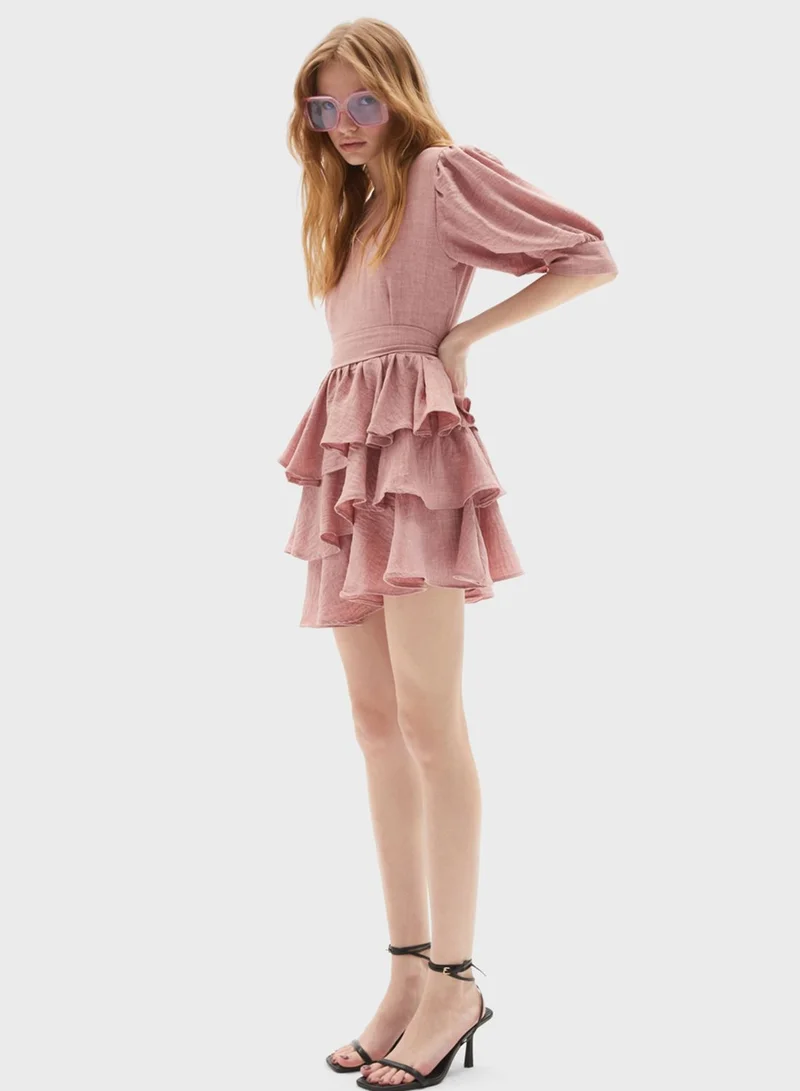 JUNE Balloon Sleeve Ruffle Dress
