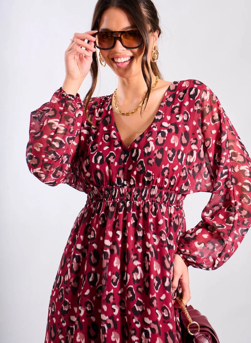 نيدز نو ليبل Red Leopard Tiered Chiffon Midi Dress