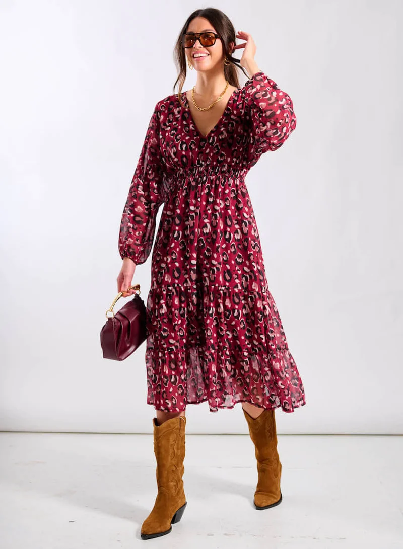 Red Leopard Tiered Chiffon Midi Dress