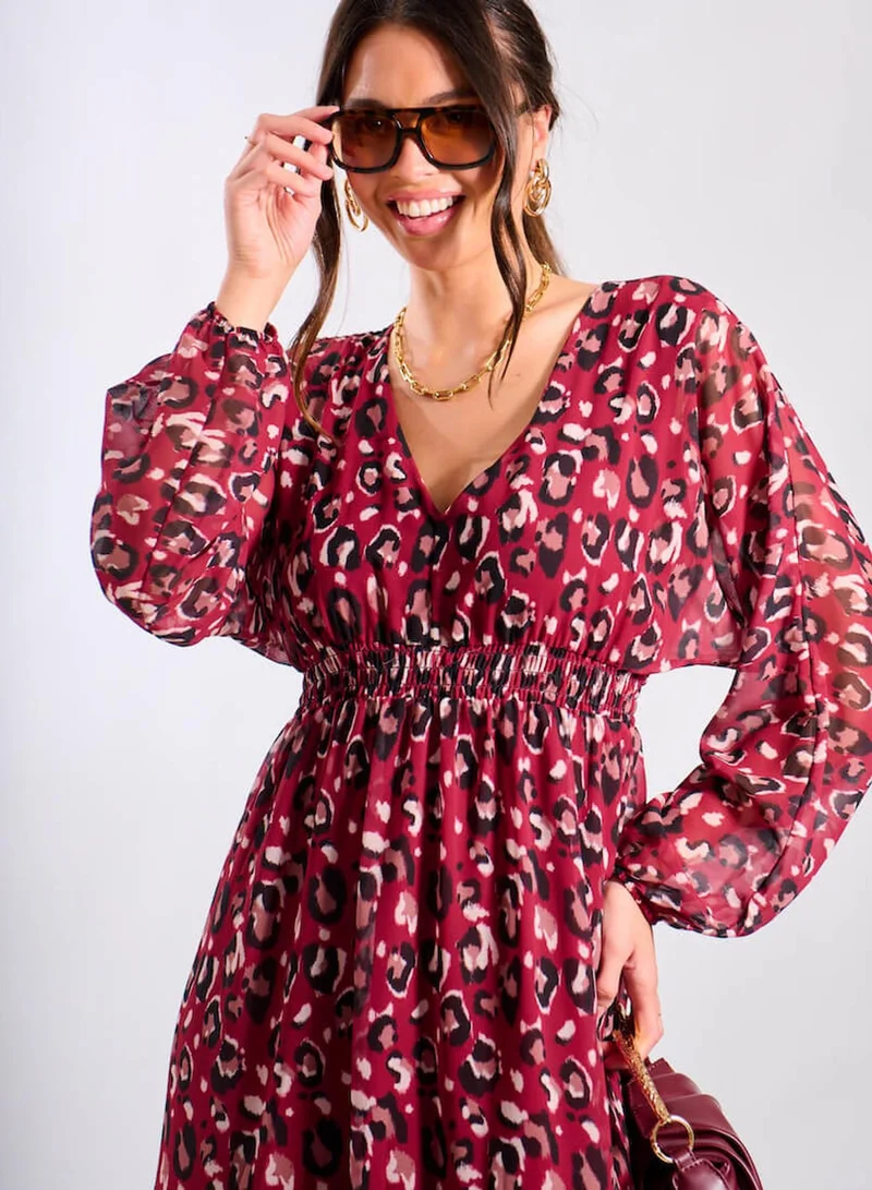 Needs No Label Red Leopard Tiered Chiffon Midi Dress