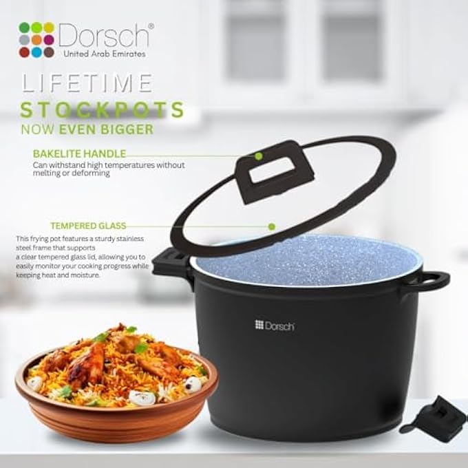Dorsch Danish Design Ceramic Coated Stockpot  Durable DieCast Aluminum Body  Induction  Gas Stove Compatible  Removable Silicone Handles For Convenience  Tempered Glass Lid Included 28 Cm  10 Liter - Image 4