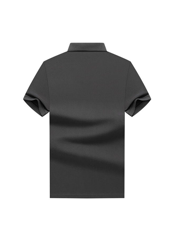 Limeng Men's Solid Color Paul Shirt Cotton Short Sleeve T-shirt With Turn-down Collar Large Size T-shirt Trendy Deep Gray 185 - Image 1