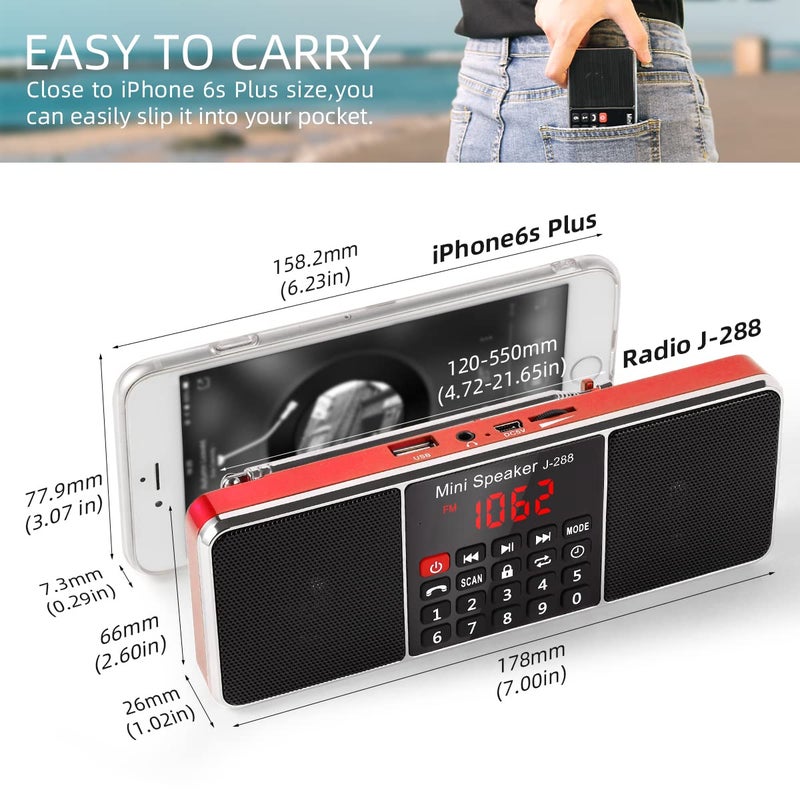 PRUNUS J-288 Portable Radio AM FM Radio with Bluetooth Speaker, Sleep Timer, Power-Saving Display, Ultra-Long Antenna, AUX Input & USB Disk & TF Card MP3 Player, NO Manual Preset - Image 2