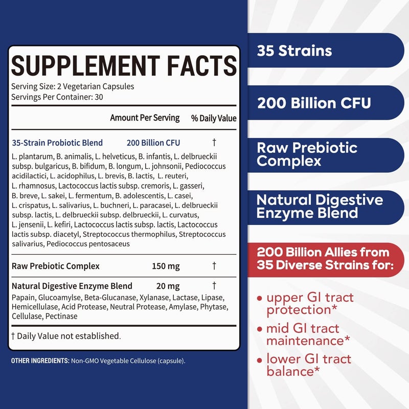 Surebounty بروبيوتيك للرجال والنساء 200 مليار CFU 35 سلالة بروبيوتيك إنزيمات هضمية مكمل استعادة فائق توازن الجهاز الهضمي العلوي والوسطى والسفلي 60 كبسولة نباتية شهر واحد - Image 2