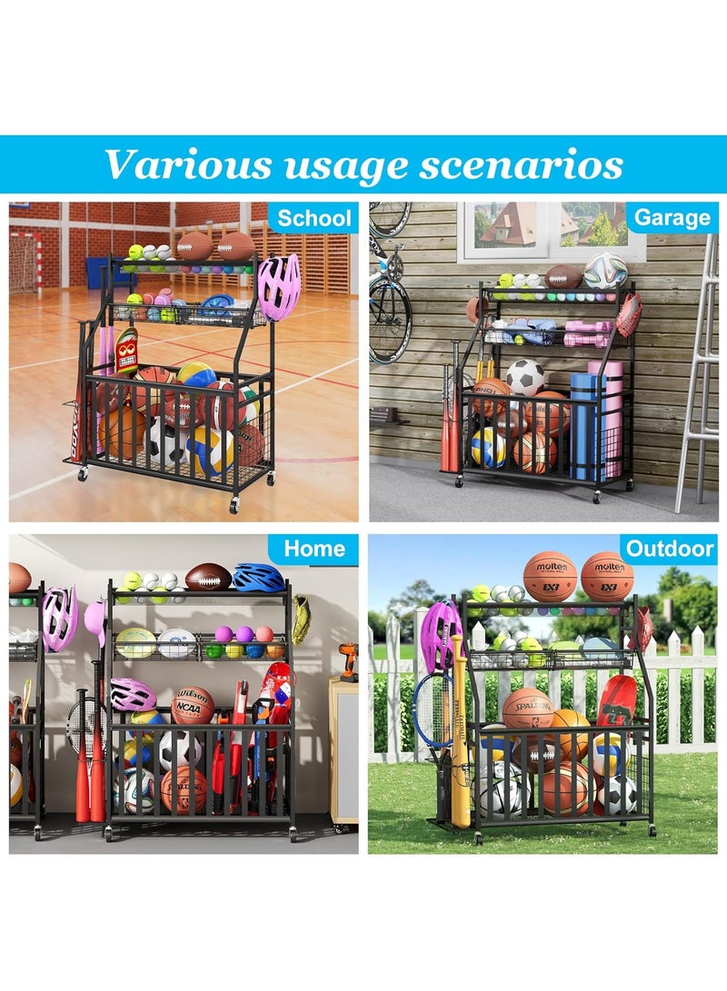 فورثكان منظم معدات الرياضة للمرآب – منظم كرات رياضية بعجلات مع جيب شبكي وسلة، رف لحمل مضرب البيسبول وخطافات، عربة تخزين متحركة للألعاب باللون الأسود - Image 5