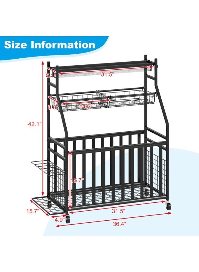 فورثكان منظم معدات الرياضة للمرآب – منظم كرات رياضية بعجلات مع جيب شبكي وسلة، رف لحمل مضرب البيسبول وخطافات، عربة تخزين متحركة للألعاب باللون الأسود - Image 2