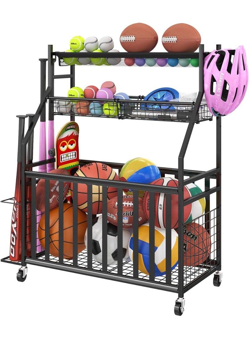 فورثكان منظم معدات الرياضة للمرآب – منظم كرات رياضية بعجلات مع جيب شبكي وسلة، رف لحمل مضرب البيسبول وخطافات، عربة تخزين متحركة للألعاب باللون الأسود - Image 1