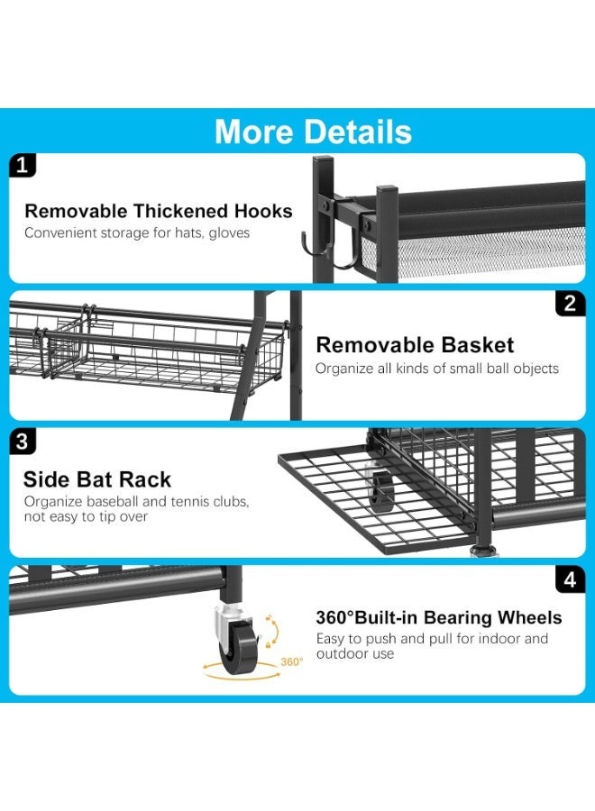 فورثكان منظم معدات الرياضة للمرآب – منظم كرات رياضية بعجلات مع جيب شبكي وسلة، رف لحمل مضرب البيسبول وخطافات، عربة تخزين متحركة للألعاب باللون الأسود - Image 3