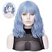 QACCF Light Blue Wig Short Wavy Shoulder Length Women Full Bang Curly Bob Wig (Blue Mix) - Image 2