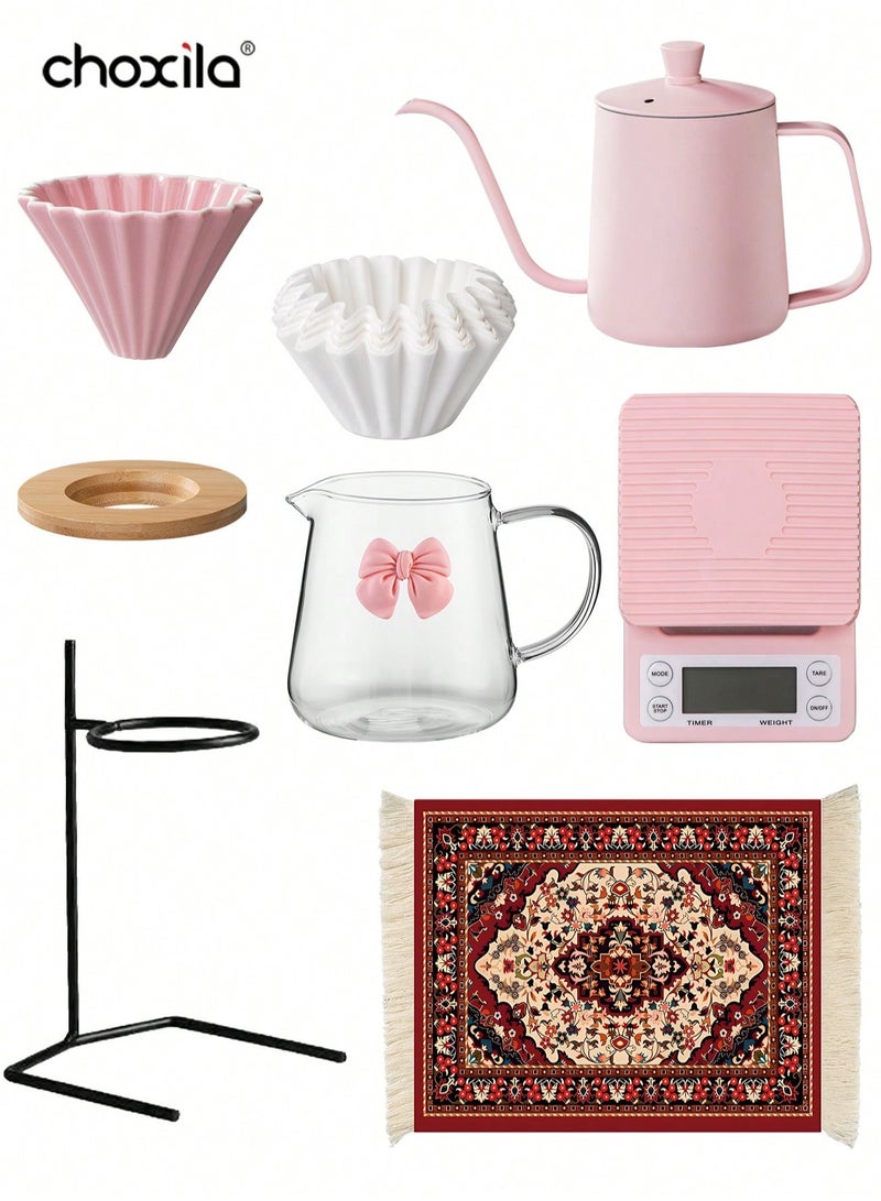 choxila 8pcs/set V60 Coffee Set, Pink Drip Set, Pour Over Coffee Set 1-4 Cup, Pink Coffee Accessories Tools, Home Drip Coffee Brewing Kit (Includes Glass Sharing Pot + Ceramic Origami Filter Cup + Pour Over Stand Holder + 600ml Pink Gooseneck Kettle + Pink Coffee Scale + Coffee Non-Slip Mat + Coffee Filters Paper), Holiday Gift - Image 1