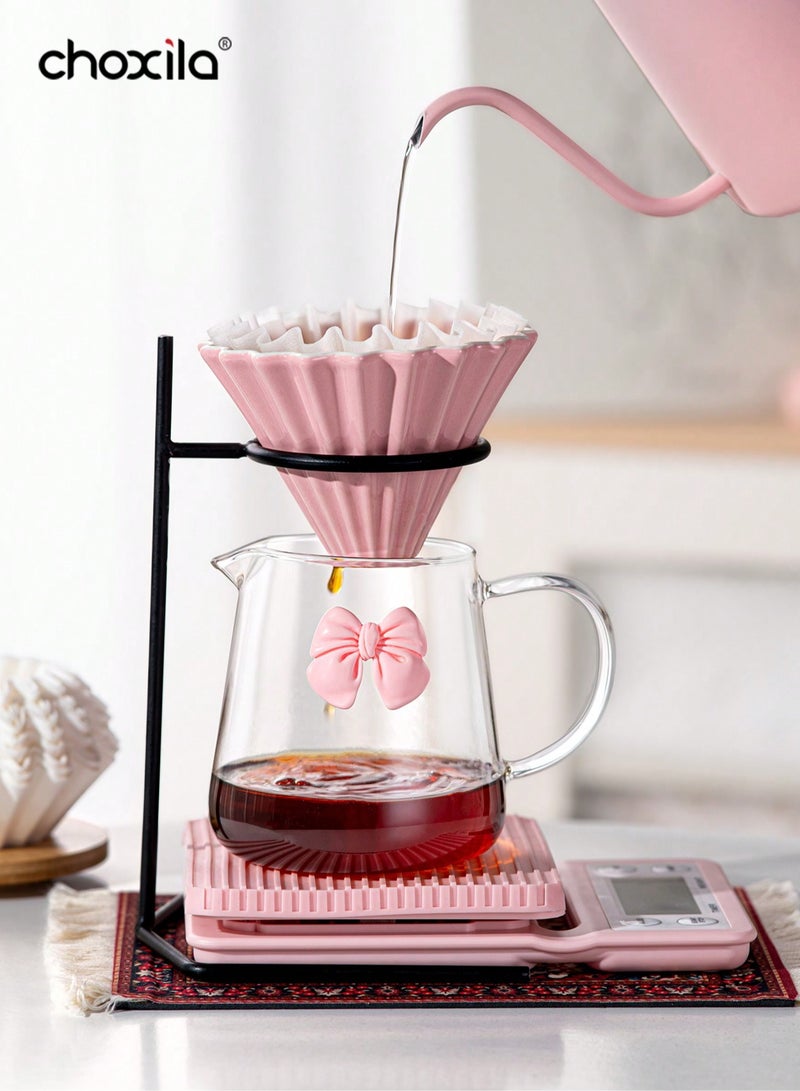 choxila 8pcs/set V60 Coffee Set, Pink Drip Set, Pour Over Coffee Set 1-4 Cup, Pink Coffee Accessories Tools, Home Drip Coffee Brewing Kit (Includes Glass Sharing Pot + Ceramic Origami Filter Cup + Pour Over Stand Holder + 600ml Pink Gooseneck Kettle + Pink Coffee Scale + Coffee Non-Slip Mat + Coffee Filters Paper), Holiday Gift - Image 2