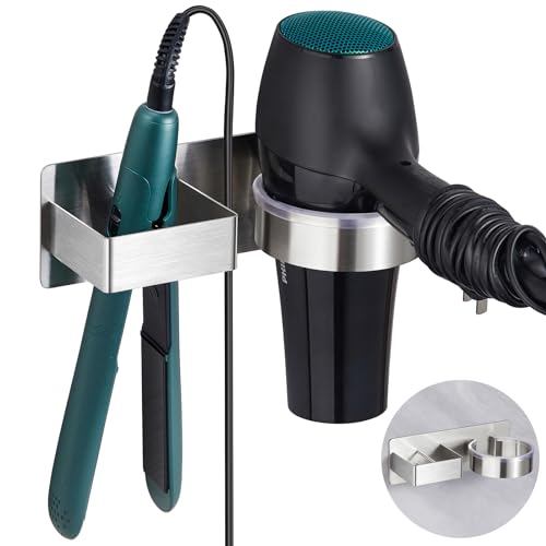 Oukimly Hair Dryer Holder, Hair Tool Organizer, Stainless Steel Blow Dryer Holder Wall Mounted, Adhesive Straightener Holder, Bathroom Hair Care Styling for Flat Iron,Curling Iron,Hairdryer - Image 1