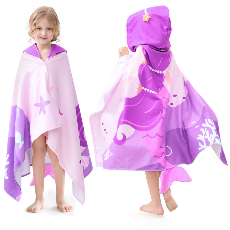 UOMNY Kids Beach Towels-Hooded Towel for Kids 30" x 50" for 3-10 Years,Pool Ponchos for Kids with Hood,Girls Beach Towel,Mermaid - Image 1