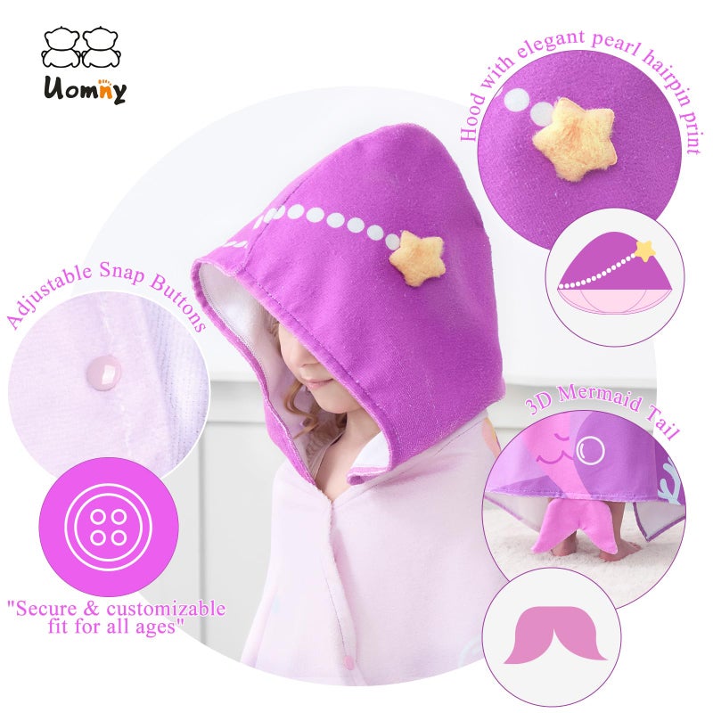 UOMNY Kids Beach Towels-Hooded Towel for Kids 30" x 50" for 3-10 Years,Pool Ponchos for Kids with Hood,Girls Beach Towel,Mermaid - Image 2